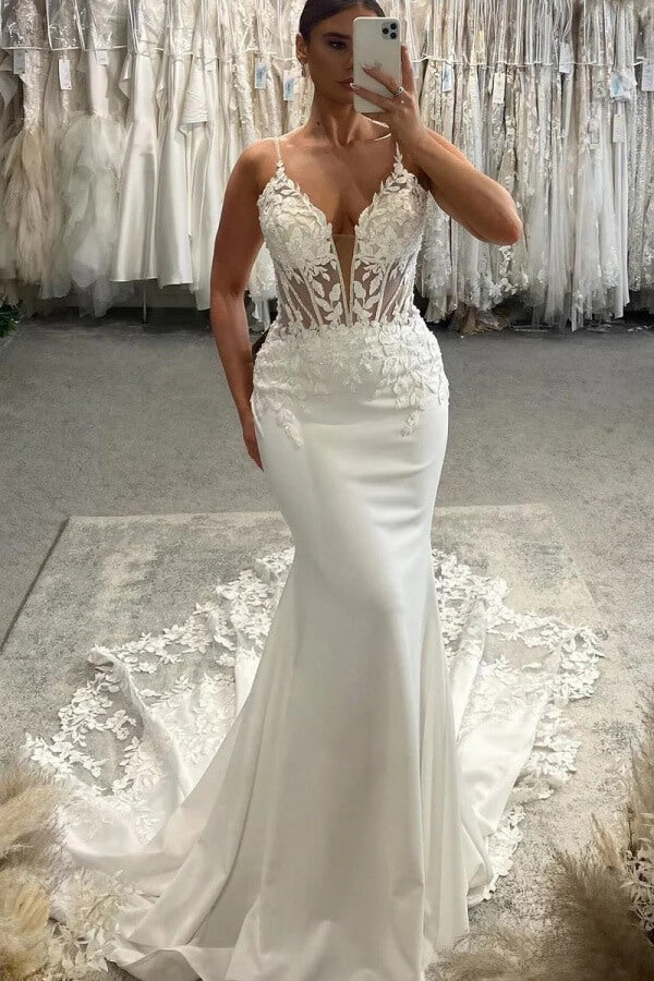 white satin mermaid dress Satin Mermaid V Neck Wedding Dresses With Appliques, Bridal Gown, MW1170