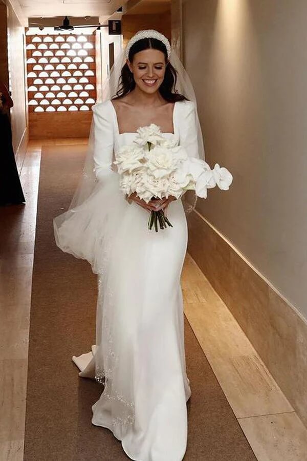 Satin Sheath Long Sleeves Wedding Dress With Train MW855 | Musebridals Satin Sheath Long Sleeves Wedding Dress With Train MW855 | Musebridals