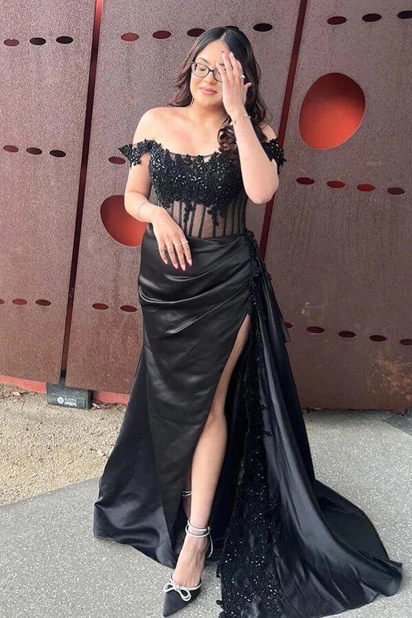 Satin Sheath Off-the-Shoulder Long Prom Dresses With Lace Appliques, MP937 | black prom dress | affordable prom dresses | prom dress shops | musebridals.com