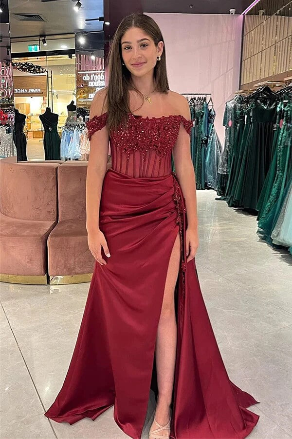 Satin Sheath Off-the-Shoulder Long Prom Dresses With Lace Appliques, MP937 | burgundy prom dress | new arrival prom dress | long formal dress | musebridals.com