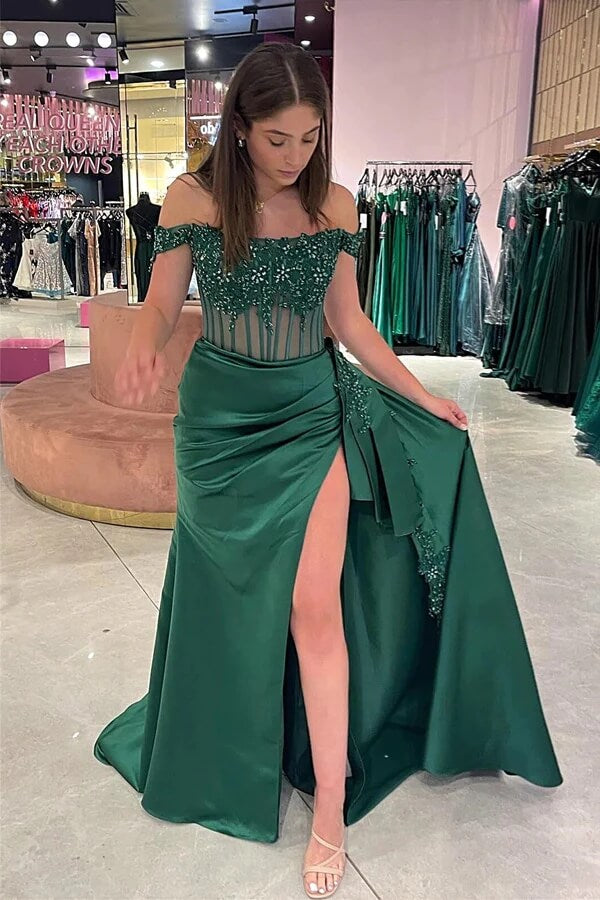 Satin Sheath Off-the-Shoulder Long Prom Dresses With Lace Appliques, MP937 | simple prom dress | evening dress | party dress | musebridals.com