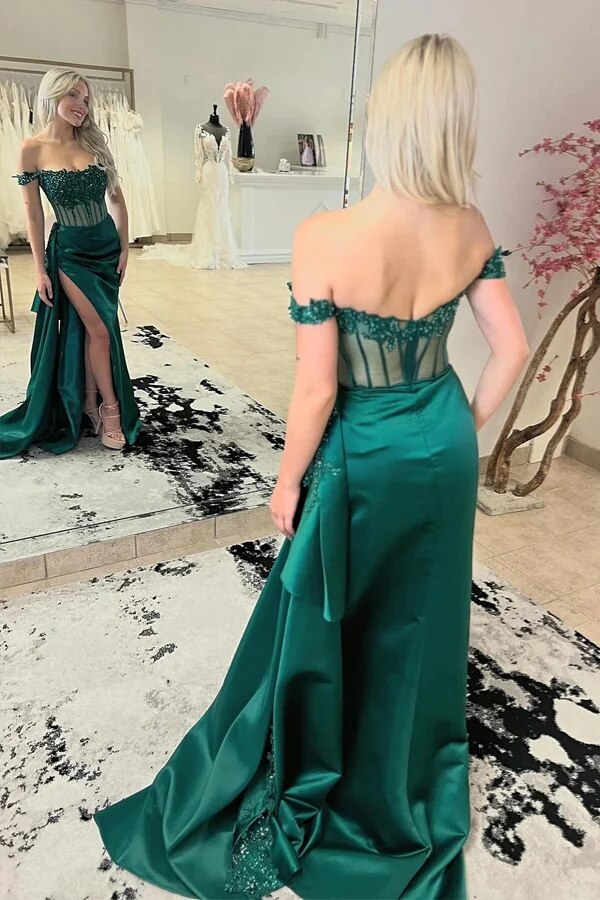 Satin Sheath Off-the-Shoulder Long Prom Dresses With Lace Appliques, MP937 | mermaid prom dress | strapless prom dress | satin prom dress | musebridals.com