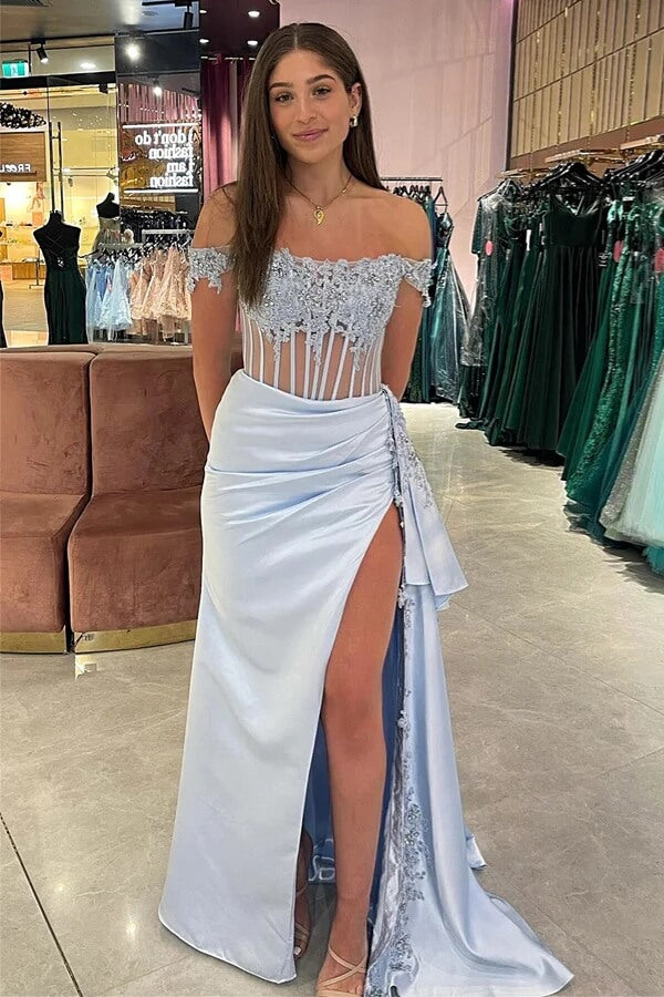Satin Sheath Off-the-Shoulder Long Prom Dresses With Lace Appliques, MP937 | light blue prom dress | prom dresses near me | prom dresses online | musebridals.com