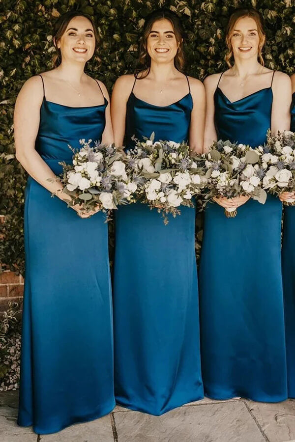 Satin Sheath Cowl Neck Long Bridesmaid Dresses, MBD252