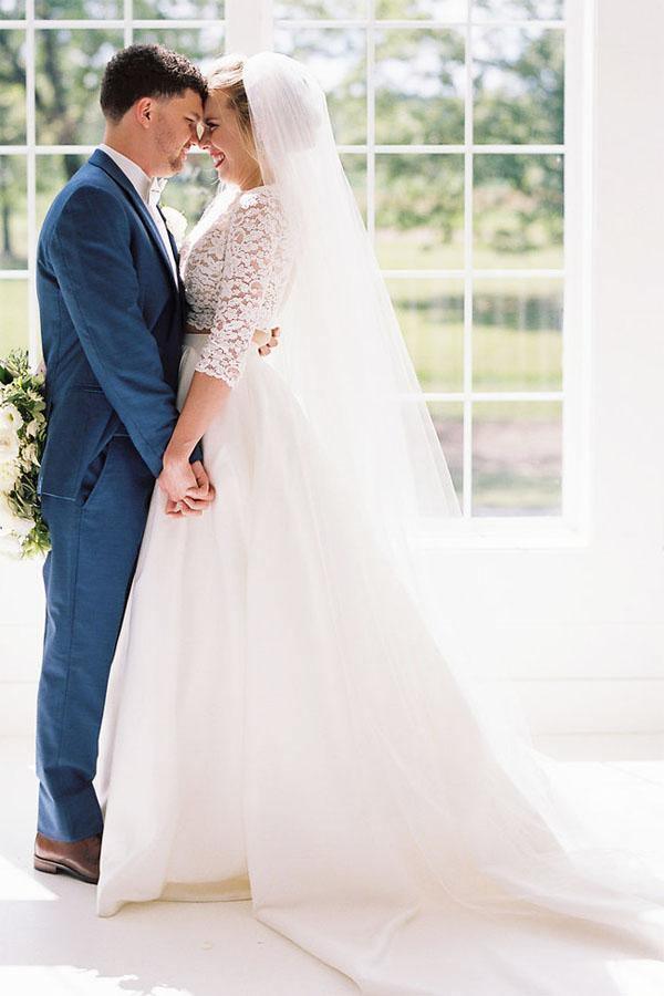 half lace half satin wedding dress A-line Off Shoulder Half Sleeve Hi Low Lace Satin Wedding Dress