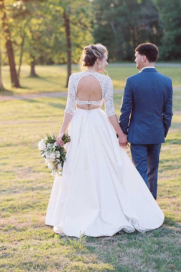 Satin Two Piece Half Sleeves Lace Top Wedding Dresses, Bridal Gowns, MW990