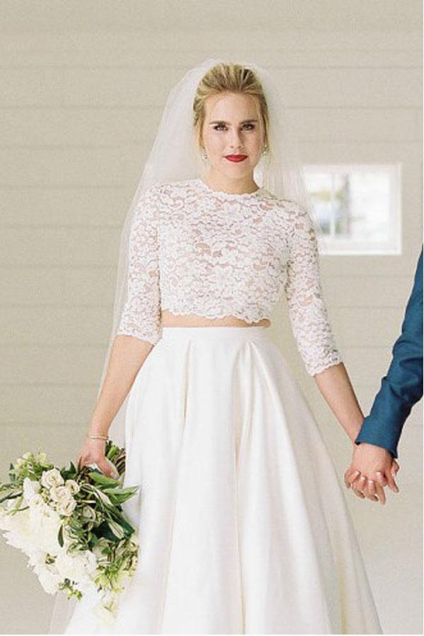 Satin Two Piece Half Sleeves Lace Top Wedding Dresses, Bridal Gowns, MW990 Satin Two Piece Half Sleeves Lace Top Wedding Dresses, Bridal Gowns, MW990