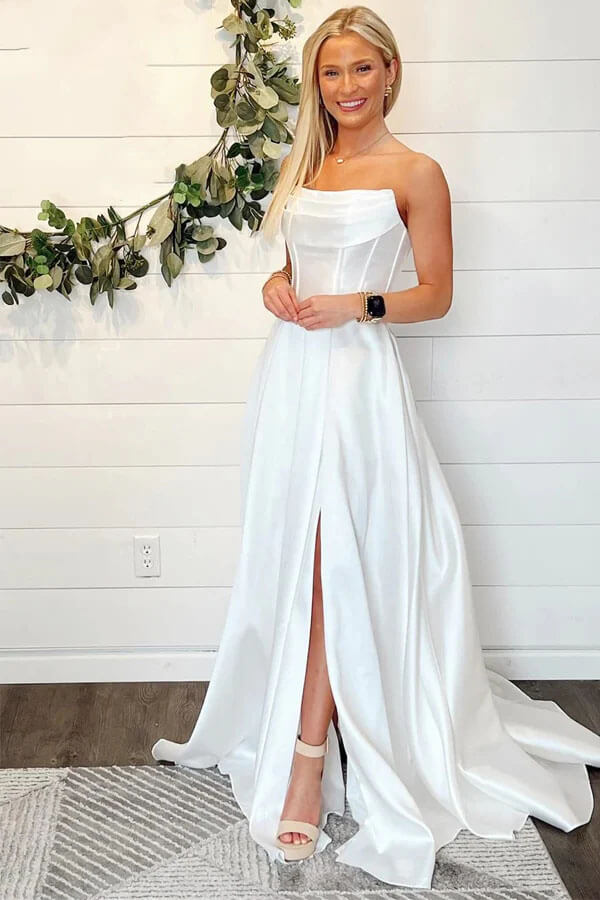 Satin A-line Strapless Wedding Dresses With Slit, MW1022