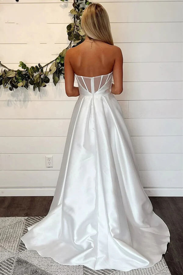Satin A-line Strapless Simple Wedding Dresses With Slit, Bridal Gown, MW1022
