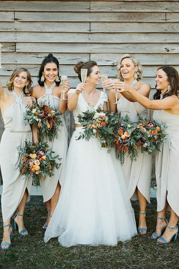 Sheath Halter Neck Tea Length Bridesmaid Dresses With Side Slit, MBD248 Sheath Halter Neck Tea Length Bridesmaid Dresses With Side Slit, MBD248