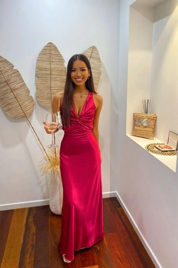 Sheath Satin V Neck Prom Dress With Bowknot, MP1068