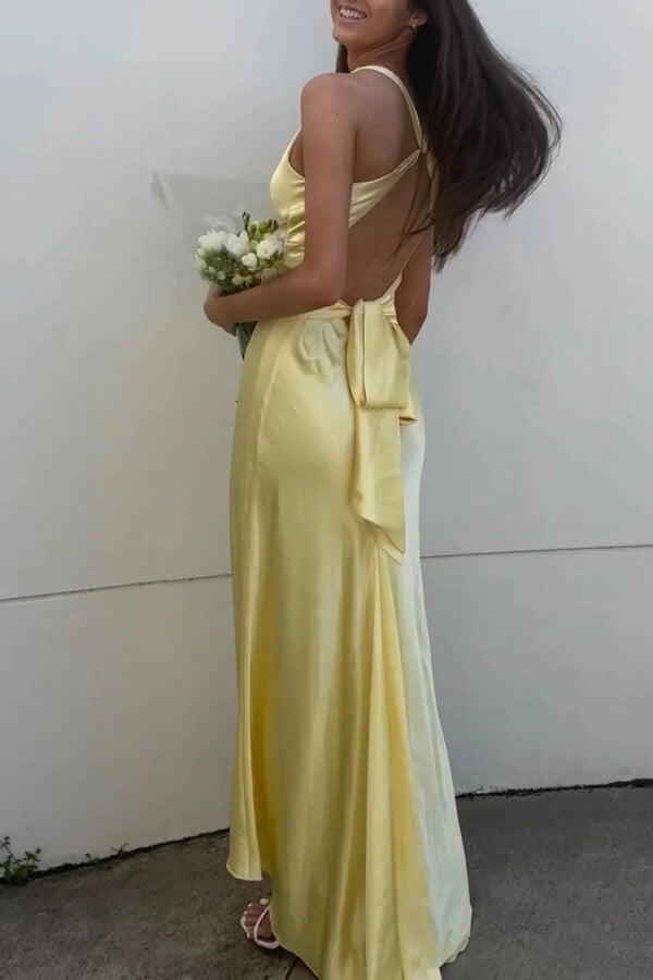 Sheath Satin V Neck Prom Dress With Bowknot, MP1068
