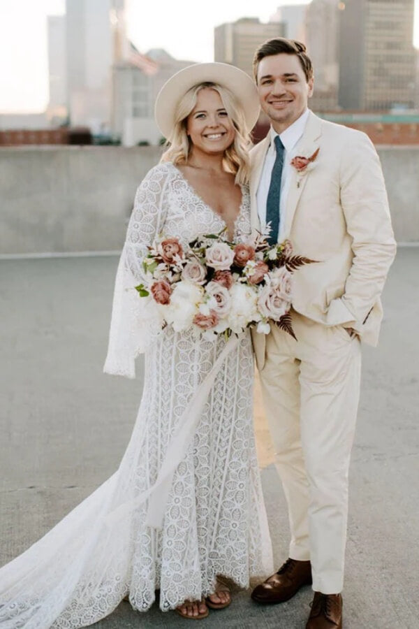 Sheath V-neck Long Sleeves Lace Wedding Dress, MW1047 | Musebridals Sheath V-neck Long Sleeves Lace Wedding Dress, MW1047 | Musebridals