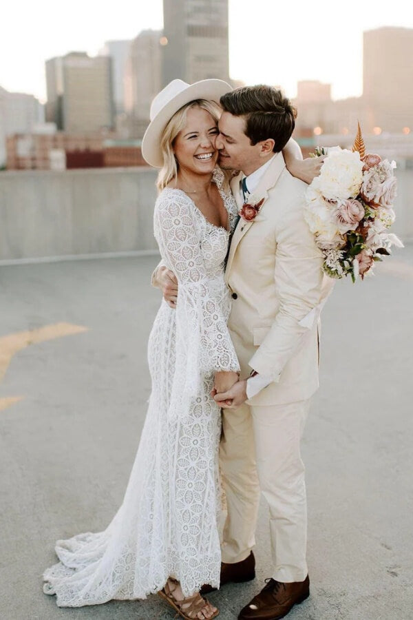 Sheath V-neck Long Sleeves Lace Wedding Dress, MW1047 | Musebridals