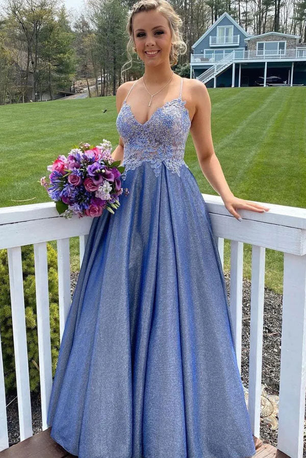 Shiny Blue A-line Sweetheart Neck Lace Top Long Prom Dresses, MP898 Shiny Blue A-line Sweetheart Neck Lace Top Long Prom Dresses, MP898