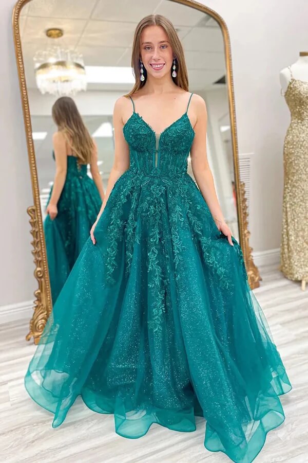 Shiny Green A-line Prom Dresses With Appliques, MP999 | Musebridals