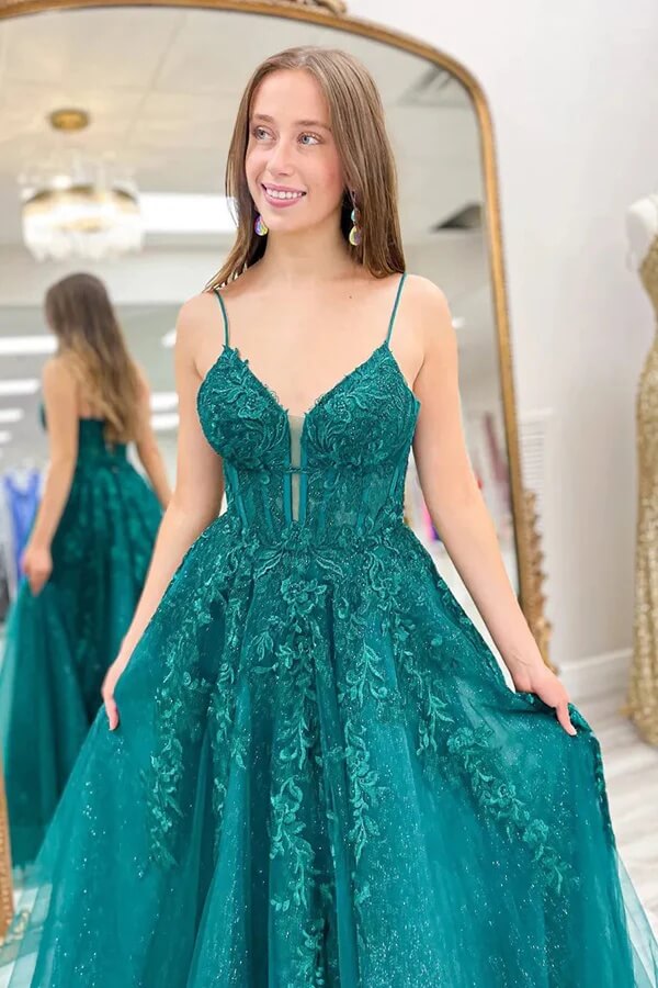 green emerald velvet dress Shiny Green A-line Spaghetti Straps Prom Dresses With Appliques, MP999
