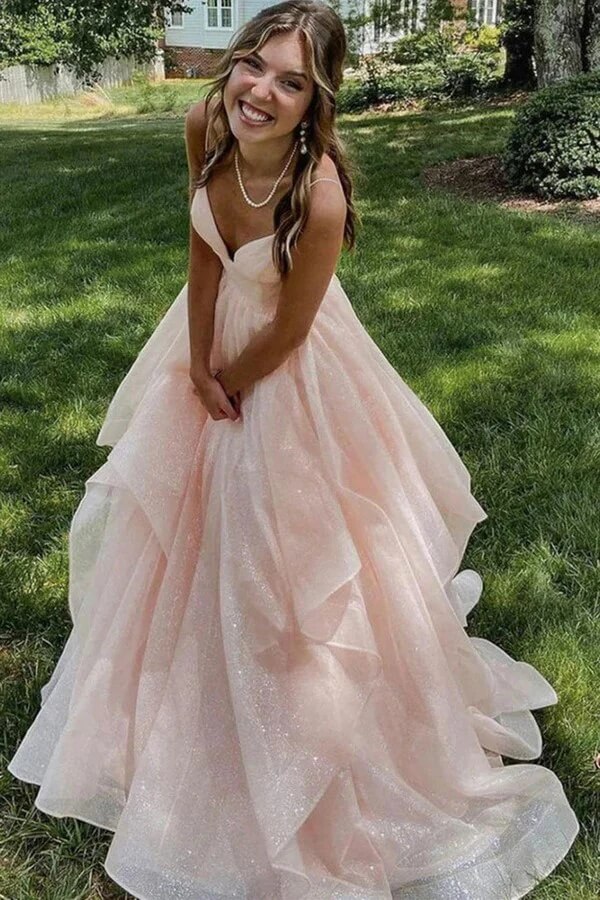 Shiny Pink A-line V-neck Ruffles Prom Dresses, MP989