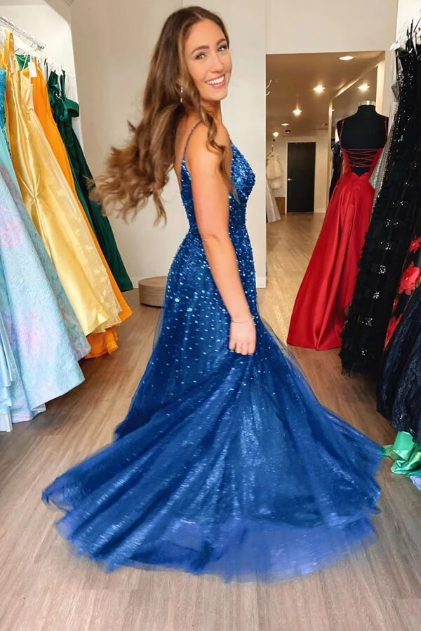 Shiny Tulle Blue A-line V-neck Prom Dresses With Sequins, Party Dress, MP830 Shiny Tulle Blue A-line V-neck Prom Dresses With Sequins, Party Dress, MP830