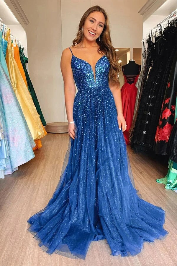 Shiny Tulle Blue A-line V-neck Prom Dresses With Sequins, Party Dress, MP830 Shiny Tulle Blue A-line V-neck Prom Dresses With Sequins, Party Dress, MP830