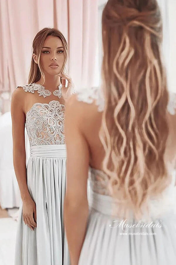 Silver Chiffon A-line Lace Appliqued Bridesmaid Dresses With Slit, MBD246 | silver bridesmaid dress | long bridesmaid dress | budget bridesmaid dresses | musebridals.com