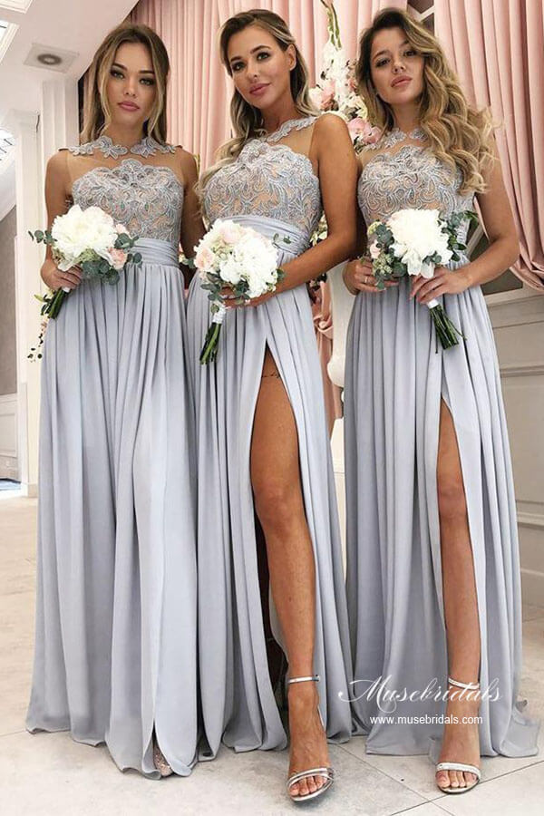 Silver Chiffon A-line Lace Appliqued Bridesmaid Dresses With Slit, MBD246 Silver Chiffon A-line Lace Appliqued Bridesmaid Dresses With Slit, MBD246