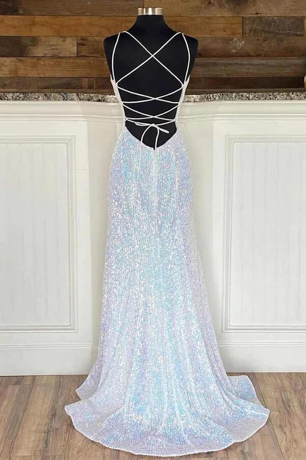 Silver Sequins Spaghetti Straps Long Prom Dress, MP844 | Musebridals Silver Sequins Spaghetti Straps Long Prom Dress, MP844 | Musebridals