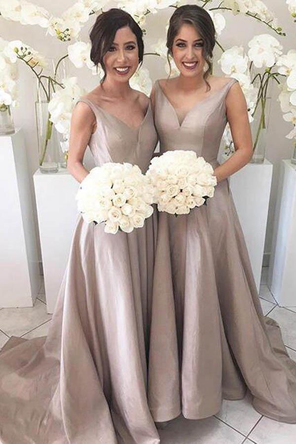 Silver A-line V-neck High Low Bridesmaid Dresses, MBD220
