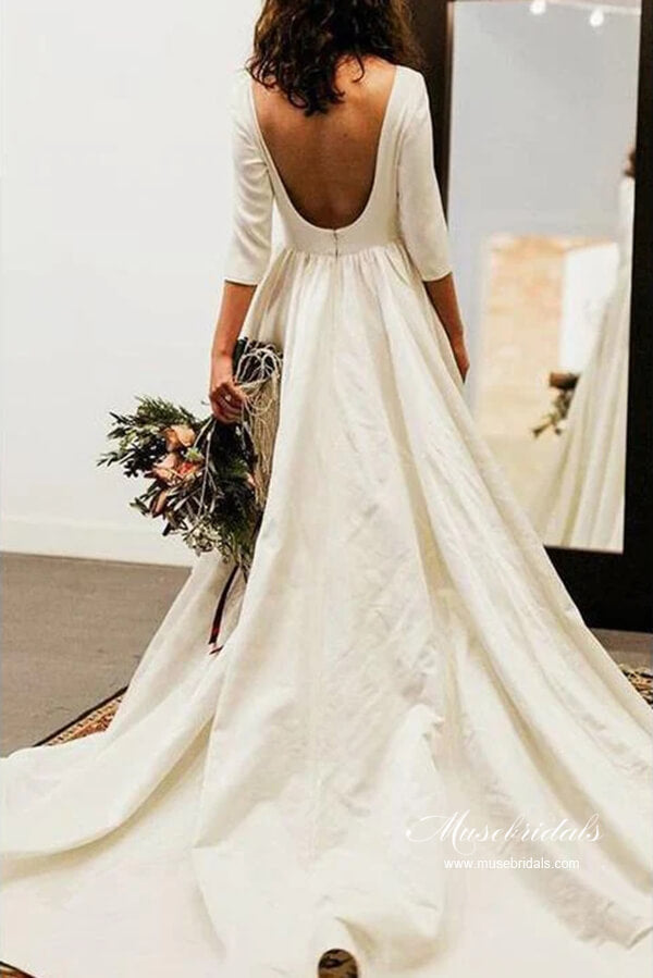 Simple 3/4 Sleeves Backless Modest Wedding Dresses, Bridal Gowns, MW972