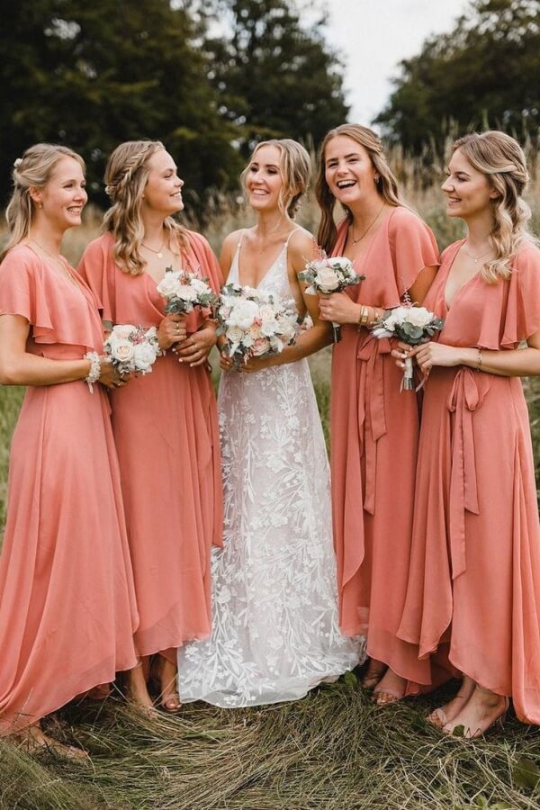 blue dress for baby girl Simple A Line Coral Chiffon Long Bridesmaid Dresses, Bridal Party Dress,  MBD322