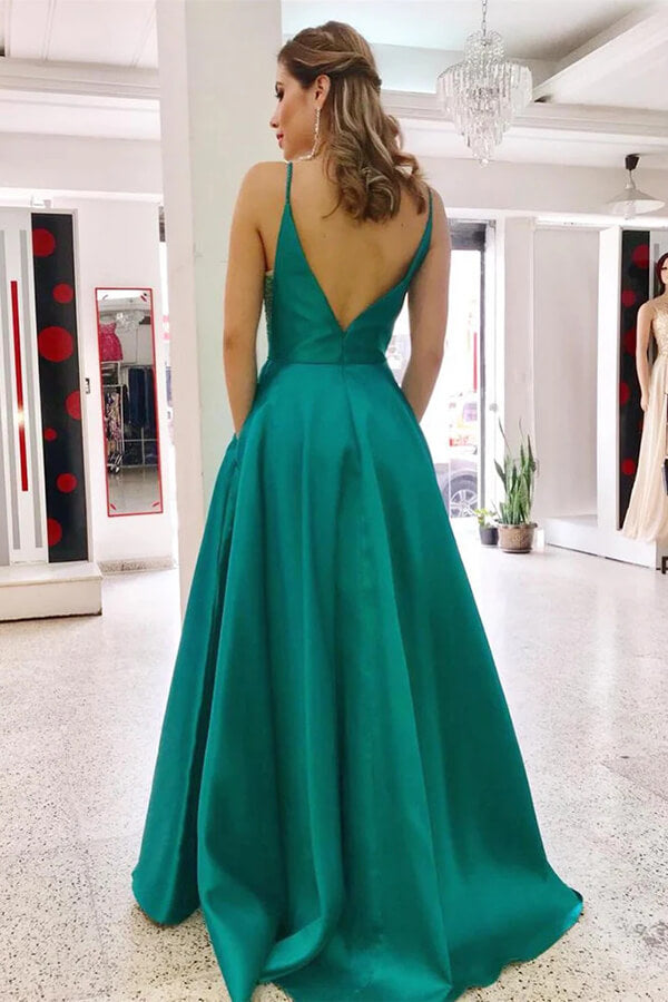 Simple Green Satin A-line V-neck Prom Dresses, MP922 | Musebridals Simple Green Satin A-line V-neck Prom Dresses, MP922 | Musebridals