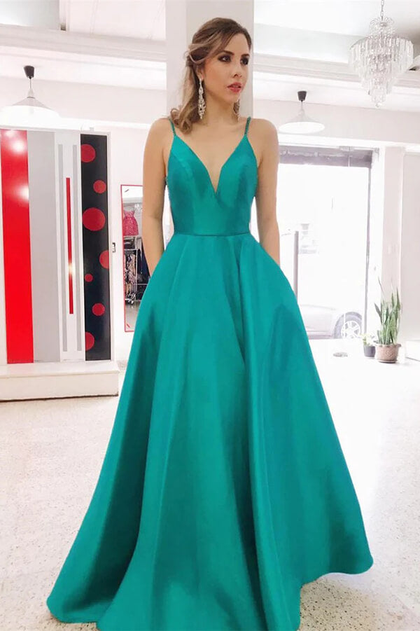 Simple Green Satin A-line V-neck Prom Dresses, MP922 | Musebridals