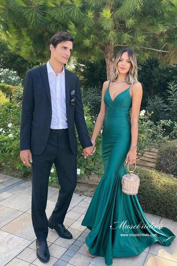 Simple Green Stain Mermaid V-neck Long Prom Dress, Long Formal Dresses, MP1011 | new arrival prom dress | senior prom dress | party dress | musebridals.com