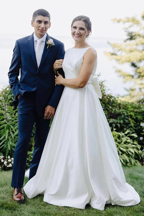 satin bateau wedding dress White Casual Wedding Dress With Train Bateau Neck Sleeveless Sexy Backless Satin Fabric Mermaid Bridal Gowns