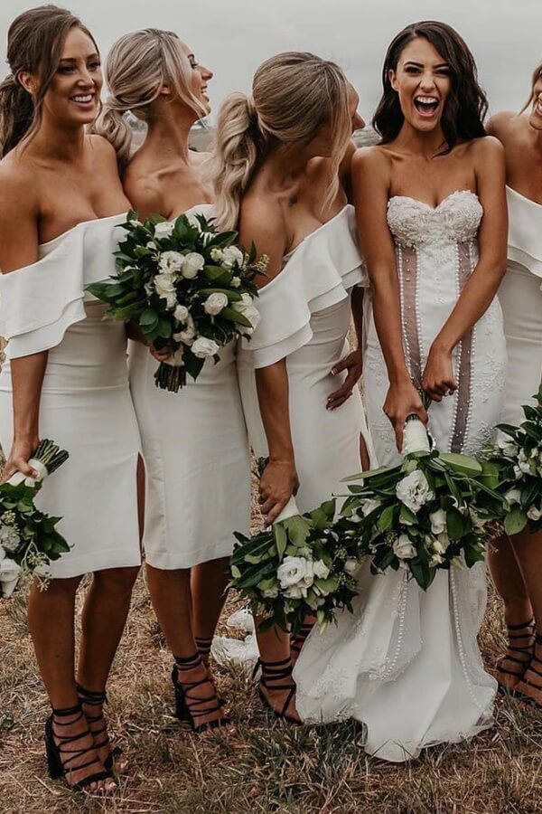 Ivory Satin Off Shoulder Short Bridesmaid Dress, MBD256 | Musebridals Ivory Satin Off Shoulder Short Bridesmaid Dress, MBD256 | Musebridals