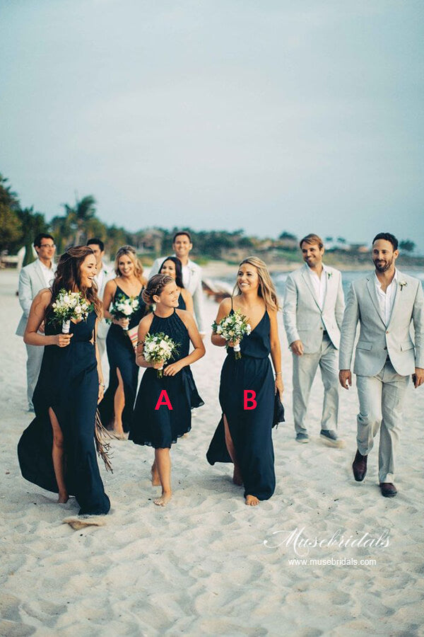 Navy A-line Spaghetti Straps Bridesmaid Dresses, MBD279