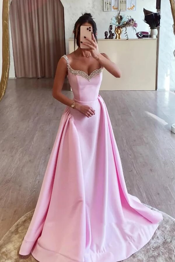 Pink Satin A-line Long Prom Dresses With Beading, MP964 | Musebridals Pink Satin A-line Long Prom Dresses With Beading, MP964 | Musebridals