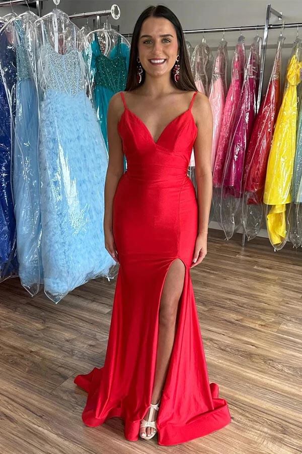 Simple Red Satin Mermaid V-neck Prom Dresses With Slit, Party Dresses, MP867 Simple Red Satin Mermaid V-neck Prom Dresses With Slit, Party Dresses, MP867
