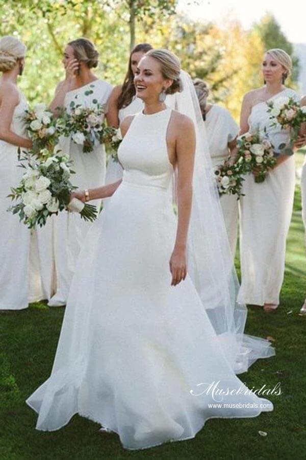 knee length dresses for ladies Zapaka Women Matcha Bridesmaid Dress with Split Front A-Line Halter Open Back Wedding Guest Dress, Matcha / US10 main image 0