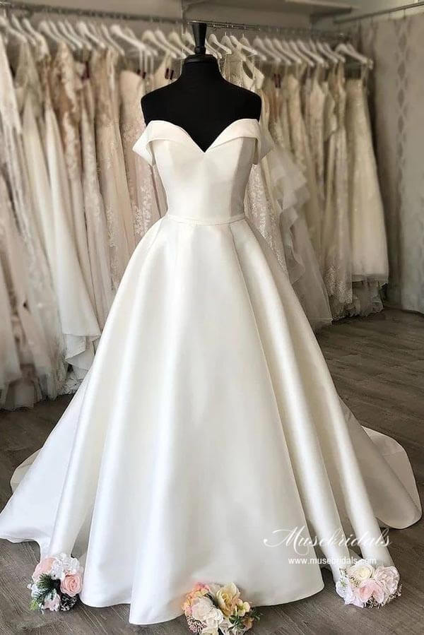 Simple Satin A-line Off-the Shoulder Wedding Dress MW933 | Musebridals Simple Satin A-line Off-the Shoulder Wedding Dress MW933 | Musebridals