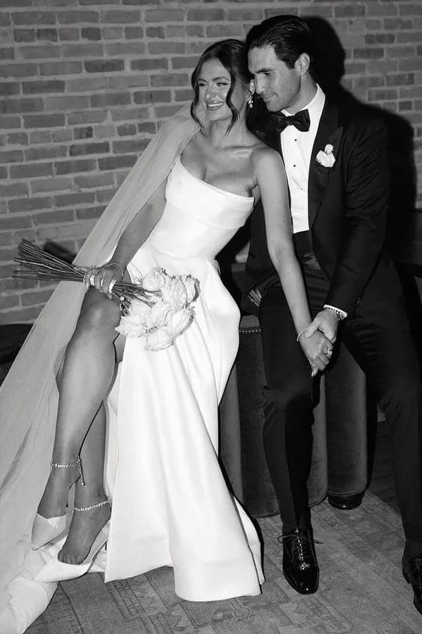 Satin A-line Strapless Sweep Train Wedding Dress, MW1089