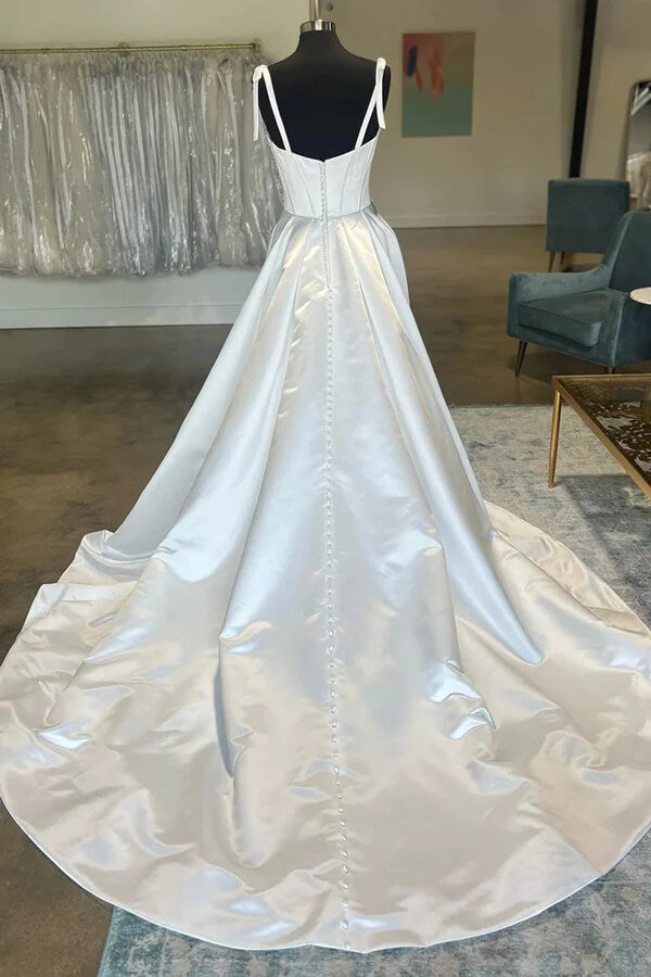 Satin A-line Sweetheart Bow-Straps Wedding Dresses MW957 | Musebridals Satin A-line Sweetheart Bow-Straps Wedding Dresses MW957 | Musebridals
