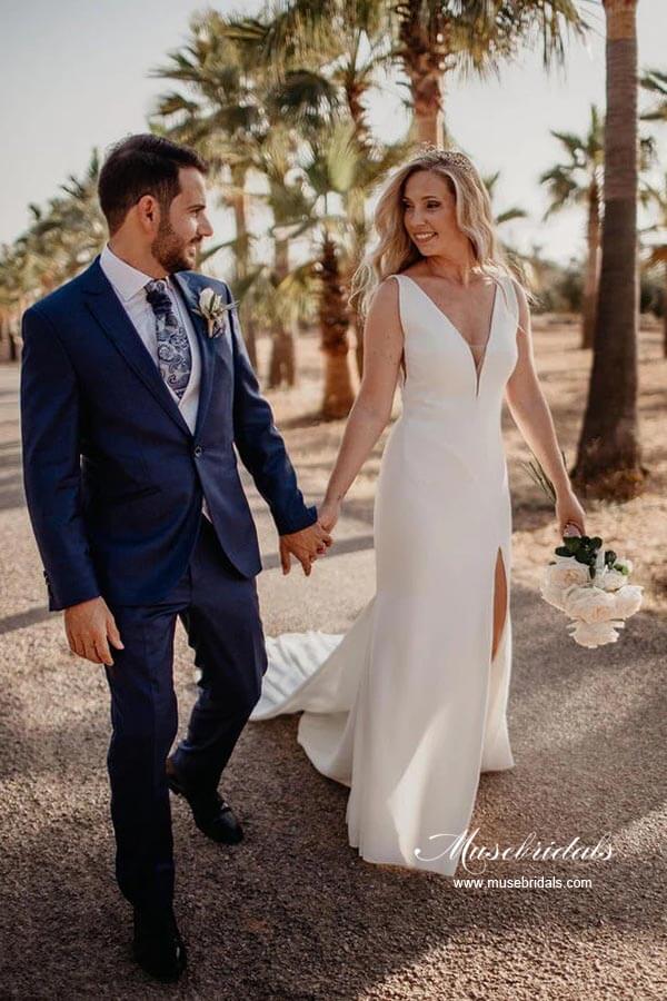 Satin Sheath V neck Wedding Dresses With Buttons MW930 Musebridals