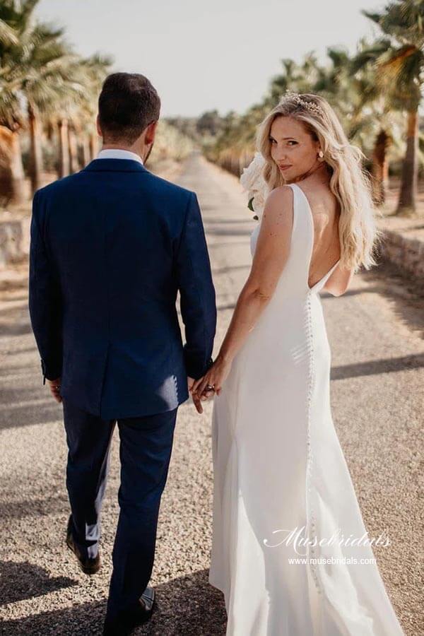 satin wedding dress with buttons White Long Satin Wedding Dress Buttons On Back