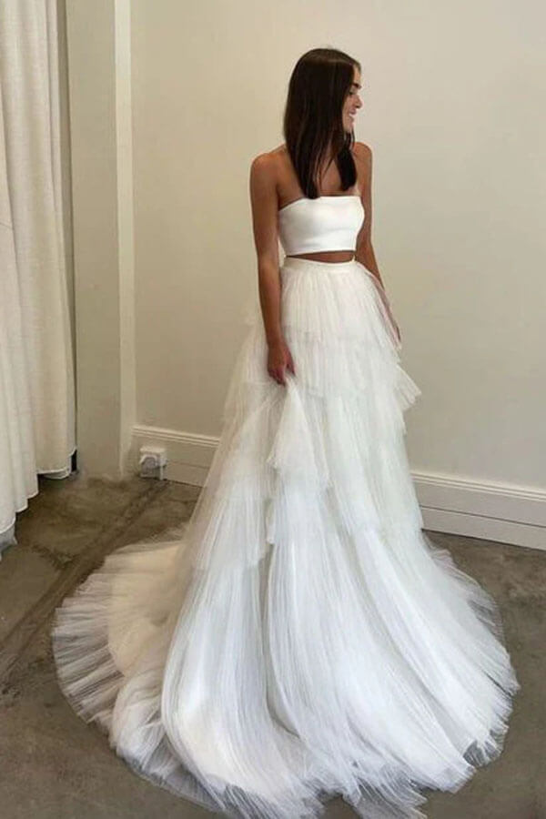 Simple Two Piece Wedding Dress With Layered Tulle Skirt, Bridal Gown, MW1005