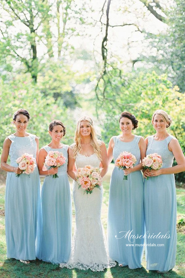 Sky Blue Chiffon A-line Round Neck Lace Top Bridesmaid Dresses, MBD245 Sky Blue Chiffon A-line Round Neck Lace Top Bridesmaid Dresses, MBD245