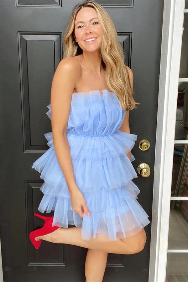 Sky Blue Tulle Tiered A-line Strapless Short Homecoming Dress, Party Dress, MH593 Sky Blue Tulle Tiered A-line Strapless Short Homecoming Dress, Party Dress, MH593