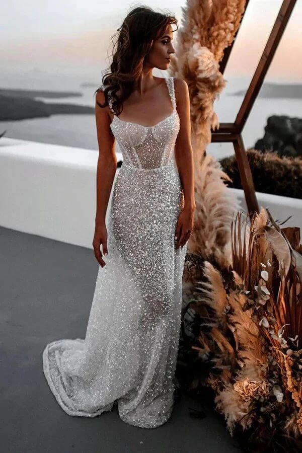 Sparkly A-line Scoop Neck Spaghetti Straps Beach Wedding Dresses, MW1038 Sparkly A-line Scoop Neck Spaghetti Straps Beach Wedding Dresses, MW1038