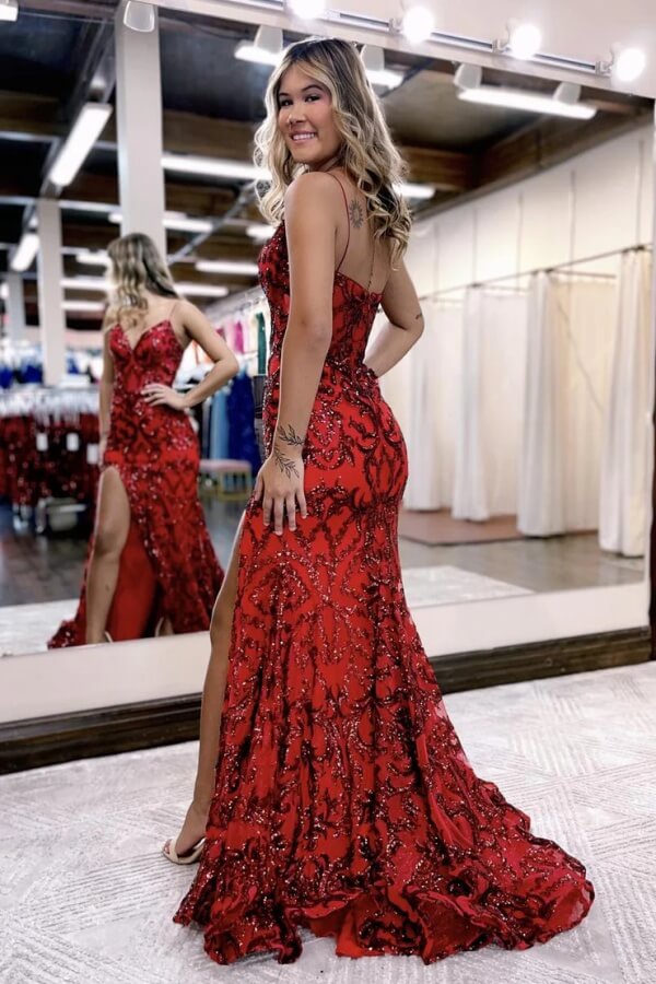 Sparkly Red Sequins Lace Mermaid Prom Dress, MP1107 | Musebridals.com