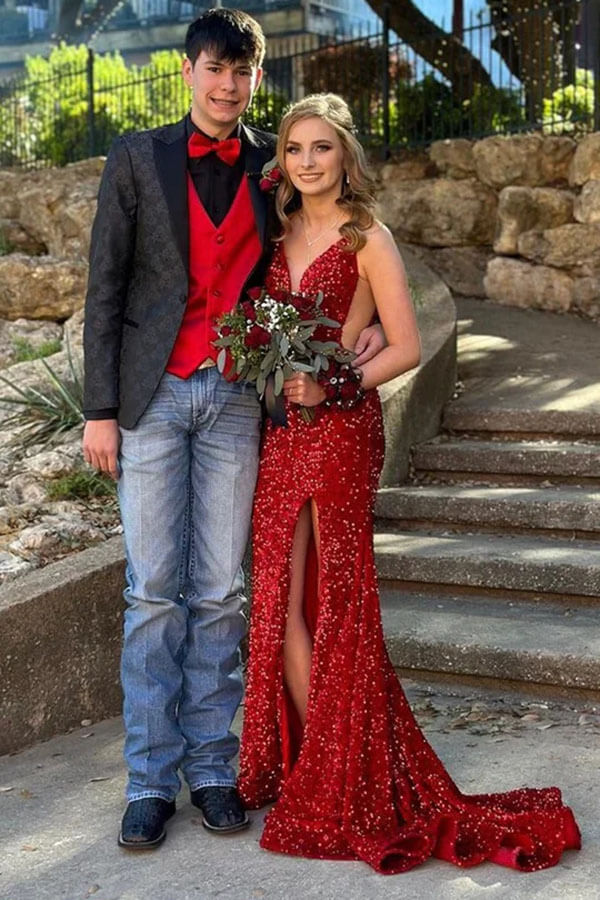 Sparkly Sequins Mermaid V-neck Long Prom Dresses, MP953